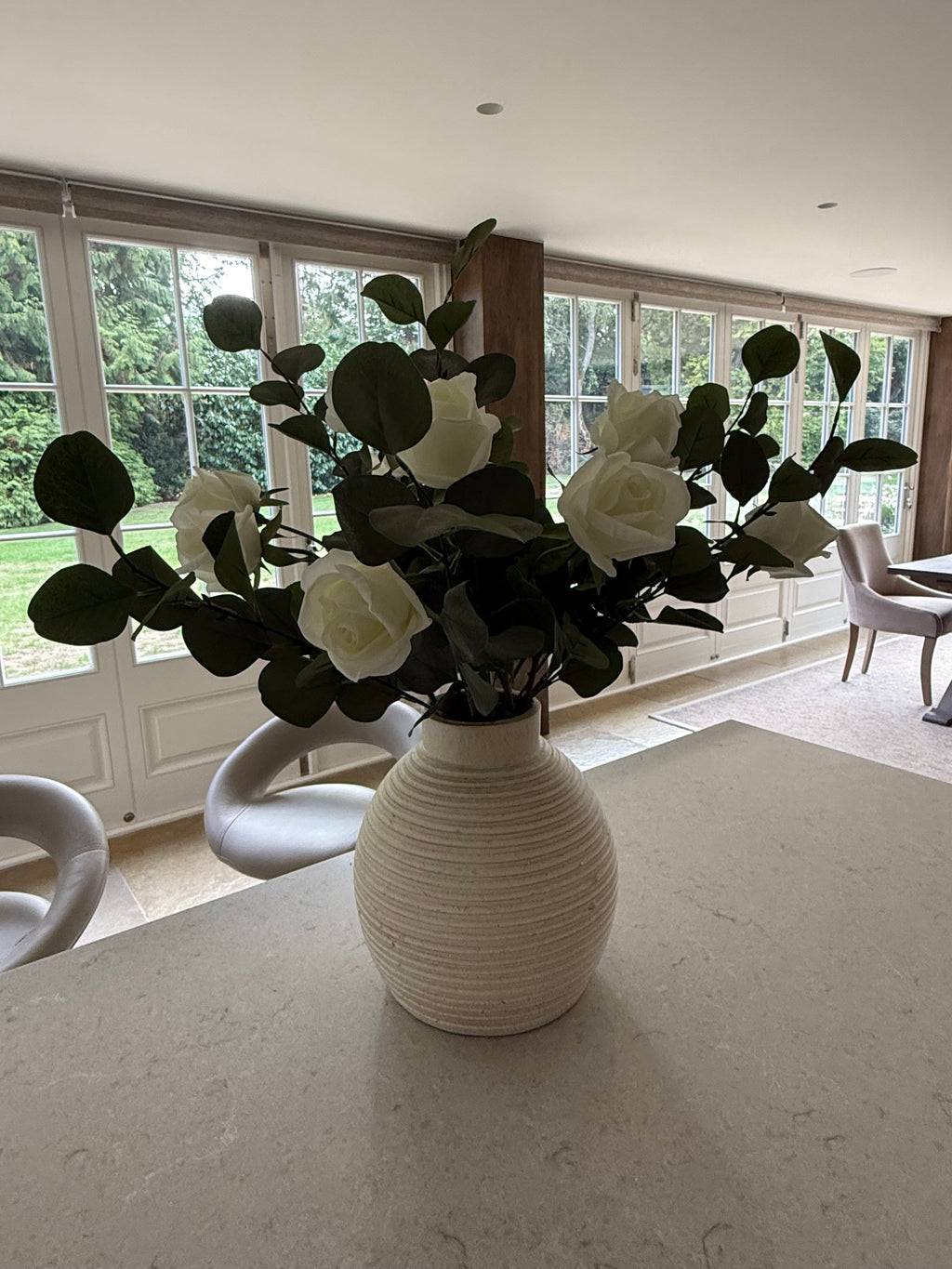 A Dozen Ivory Roses with Eucalyptus